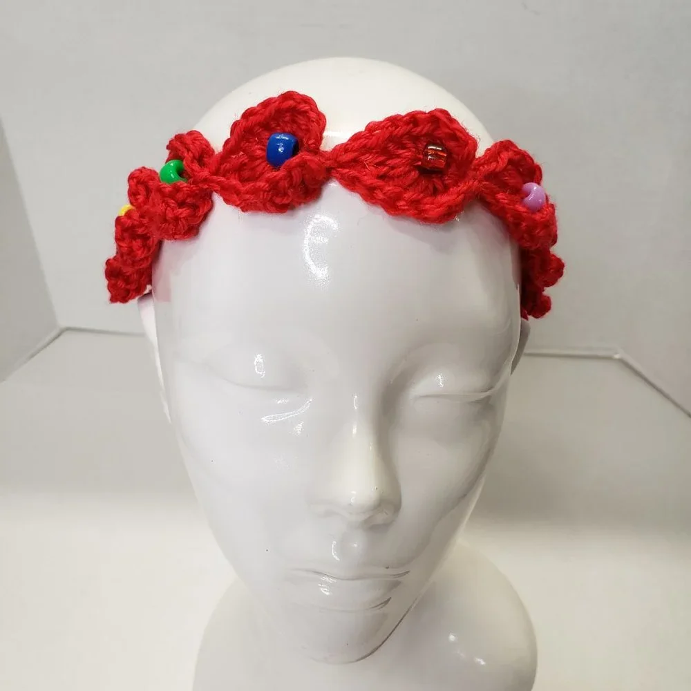 Woman's Handmade Crochet 2 Scrunchies and Beaded Headband Red New